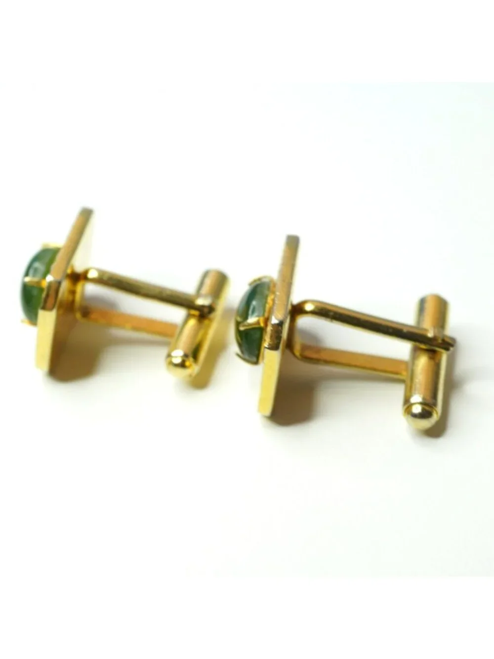 Vintage Mid Century Gold Tone Green Cabochon Cufflinks Tie Bar Set